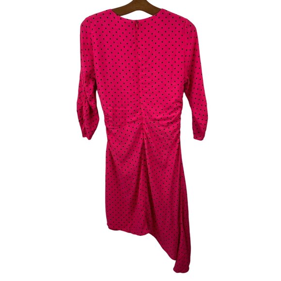 Zara Dress Size Medium Hot Pink Polka Dot Asymmetrical Dress Ruched 3/4 Sleeve - Picture 2 of 6